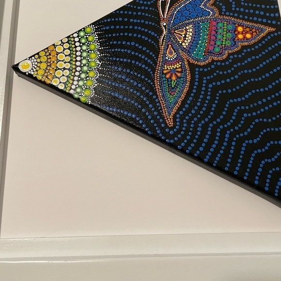 Butterfly hand painted mandala style painting framed. 17”X18” - Picture 3 of 5